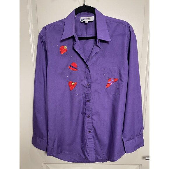 Las Olas Tops - Las Olas Purple Cotton-Poly Embellished ButtonUp Blouse-Shirt Small Artsy-Whimsy